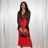 Lace up Ruffled Slim Fit Mesh See through Bell Sleeve Dress