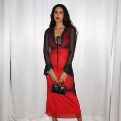 Lace up Ruffled Slim Fit Mesh See through Bell Sleeve Dress