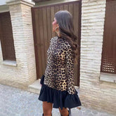 Leopard Print Patchwork Flared Sleeves Slim Mini Long Sleeve Dress