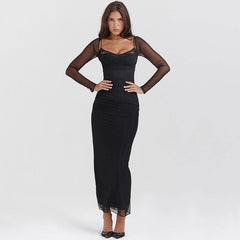 Vestido maxi ajustado con abertura y espalda descubierta con tirantes finos y manga larga