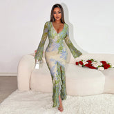 Maxi Dress Elegant Slim Print Irregular Asymmetric Hem