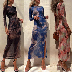 Mesh Print Slim Stretch Long Sleeve Dress
