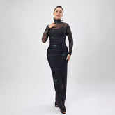 Vestido maxi de dos piezas con cuello alto, manga larga y tirantes finos de malla estampada transparente