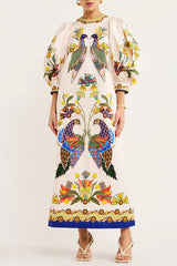 Printed Peacock Round Neck Dress Amplified craft