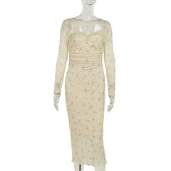 Adult Lady like Woman Maxi Dress Retro Long Sleeve Pure Printing