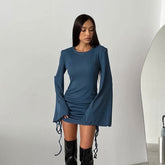 Elegant Round Neck Flared Sleeves Tight Lace Up Dress Knitted Solid Color Dress