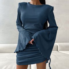Elegant Round Neck Flared Sleeves Tight Lace Up Dress Knitted Solid Color Dress