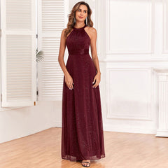 Shiny off Shoulder Backless Wedding Party Dress Sleeveless Halter Evening A line Maxi Dress