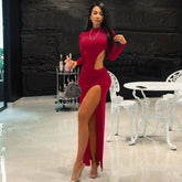 Solid Color Cutout Split Dress Pleated Slim Fit