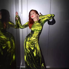 3D Pleated Print Long Sleeve Slim Fit Slimming round Neck High Waist Dress