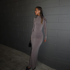 Beam Waist Solid Color Maxi Dress Pleated Dress