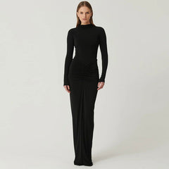 Beam Waist Solid Color Maxi Dress Pleated Dress