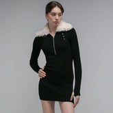 Black Fur Collar Zipper Bandage High Elastic Wear StCollar Design