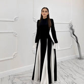 Black White Contrast Color Elegant Ruffle Long Sleeve Big Hem Dress