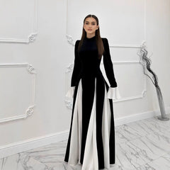 Black White Contrast Color Elegant Ruffle Long Sleeve Big Hem Dress