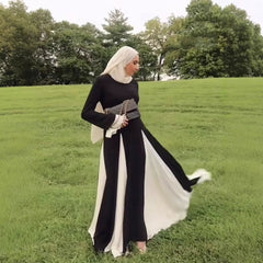 Black White Contrast Color Elegant Ruffle Long Sleeve Big Hem Dress