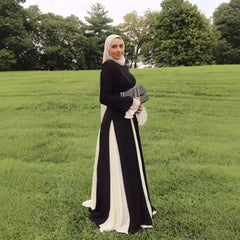 Black White Contrast Color Elegant Ruffle Long Sleeve Big Hem Dress