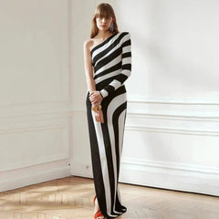 Black White Striped High Slit One Shoulder Dress Simple in Bandage Dress