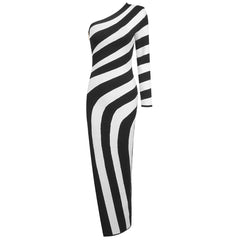 Black White Striped High Slit One Shoulder Dress Simple in Bandage Dress