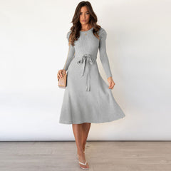 Bubble Long Sleeve Knitted Dress Mid-Length Elegant Slimming High Waist Big Swing Dress Base Sweater Dress