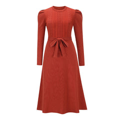 Bubble Long Sleeve Knitted Dress Mid-Length Elegant Slimming High Waist Big Swing Dress Base Sweater Dress