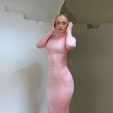 Dress Knitted Long Sleeved Slim Striped See through Dress