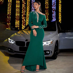 Vestido de noche ajustado con costuras de lentejuelas y manga larga para fiesta