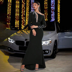 Vestido de noche ajustado con costuras de lentejuelas y manga larga para fiesta