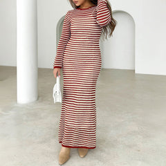 Dress Casual Contrast Color Striped Long Sleeve Dress Sweater