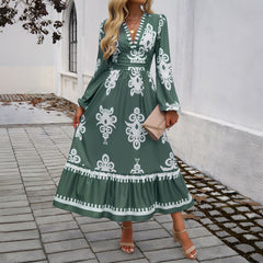 Elegantes bedrucktes A-Linien-Kleid mit V-Ausschnitt