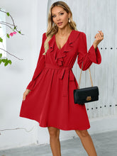 Elegant Graceful Lotus Leaf V Neck Long Sleeve Dress