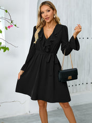 Elegant Graceful Lotus Leaf V Neck Long Sleeve Dress