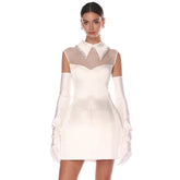 Elegant Pure White Satin Mesh Dress Slim Gloves Petti
