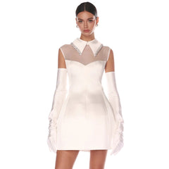 Elegant Pure White Satin Mesh Dress Slim Gloves Petti