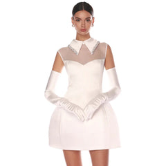 Elegant Pure White Satin Mesh Dress Slim Gloves Petti