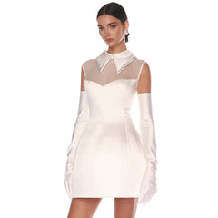 Elegant Pure White Satin Mesh Dress Slim Gloves Petti