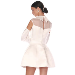 Elegant Pure White Satin Mesh Dress Slim Gloves Petti