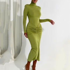 Half High Collar Long Sleeves Dress Elegant Bodycon Maxi Dress for