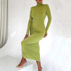 Half High Collar Long Sleeves Dress Elegant Bodycon Maxi Dress for