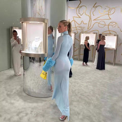 Ladies Dress High Collar Long Sleeve Slim Fit Slimming Sheath Dress