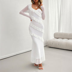 Long-Sleeved Elegant Slim Fit Mesh V neck Dress