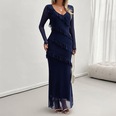 Long-Sleeved Elegant Slim Fit Mesh V neck Dress