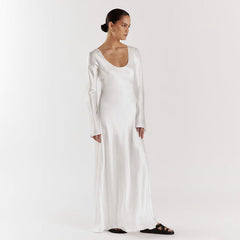 Maxi Solid Color Satin Round Neck Long Sleeve Loose Casual Dress