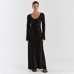 Maxi Solid Color Satin Round Neck Long Sleeve Loose Casual Dress