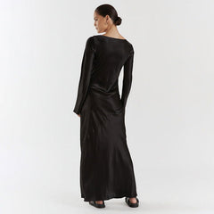 Maxi Solid Color Satin Round Neck Long Sleeve Loose Casual Dress