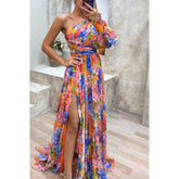 Party Casual Split Dress Loose Multi Color Oblique Shoulder Dress