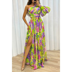 Party Casual Split Dress Loose Multi Color Oblique Shoulder Dress