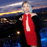 Red Hollow Out Cutout Three Dimensional Floral Pleated Mesh Strapless Dress Backless Dress