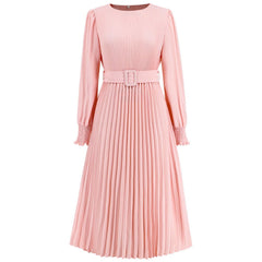 Vestido ajustado de corte A, plisado, de manga larga y cuello redondo con burbujas y largo medio