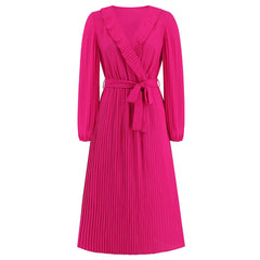 Vestido plisado de manga larga con cuello en V y volantes, corte entallado y elegante